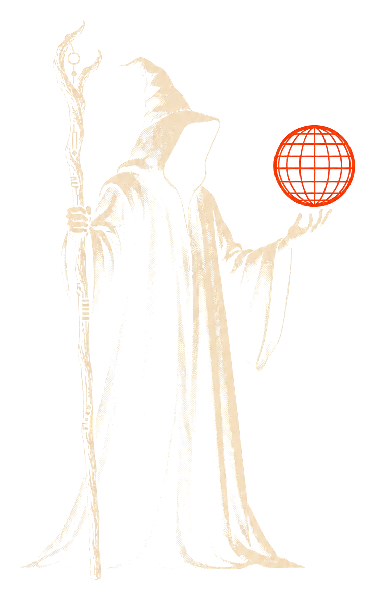 A hooded figure in a long robe holding a staff, with a wireframe globe floating above one open hand.